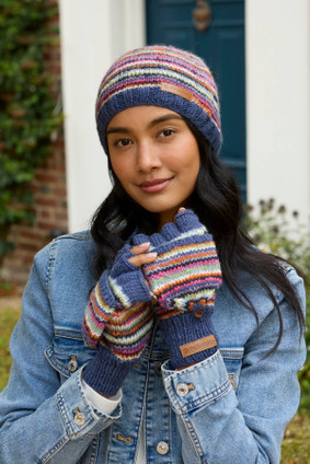 Denver - Stripey Blue Knitted Wool Fingerless Glove Mitts