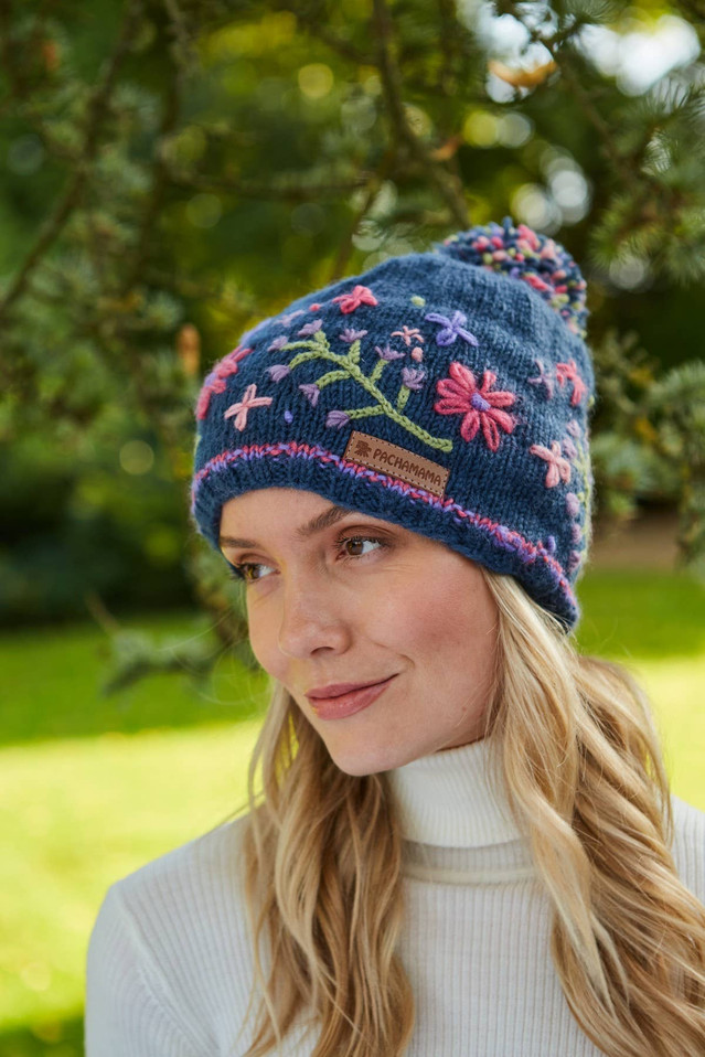 Hampton Court - Embroidered Flowers Knitted Wool Bobble Hat