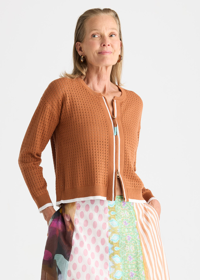 Pointelle Zip Cardi - Toffee ZP8809