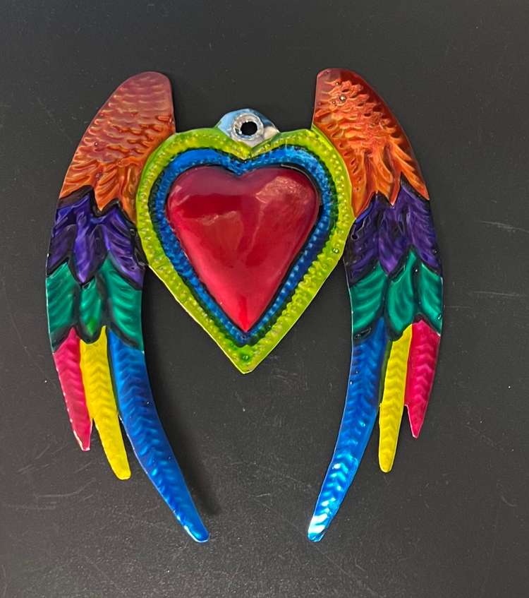 Tin Colourful Heart with Wings Wall Hanging