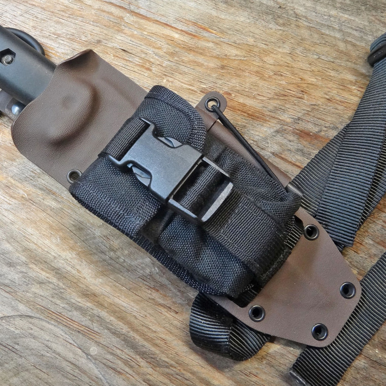 Grizzly Elite Style Custom KYDEX Sheath suitable for any knife with an Esee pouch and firesteel attachment.