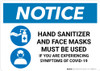 Notice: Hand Sanitizer And Face Masks Must Be Used with Icons Landscape - Wall Sign