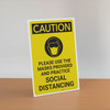 Caution: Please Use the Masks Provided and Practice Social Distancing with Icon Portrait - Desktop Sign Caution: Please Use the Masks Provided and Practice Social Distancing with Icon Portrait - Desktop Sign