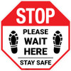 Stop Please Wait Here Stay Safe Shoe Prints Stop - Floor Sign Stop Please Wait Here Stay Safe Shoe Prints Stop - Floor Sign