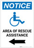 Notice: Area Of Rescue Assistance with ADA Icon Left Arrow Portrait - Label Notice: Area Of Rescue Assistance with ADA Icon Left Arrow Portrait - Label
