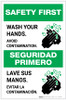 Safety First: Wash Your Hands Avoid Contamination Bilingual with Icon Portrait - Label