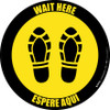 Wait Here Espere Aqui Shoe Prints Yellow Black Border Circular - Floor Sign