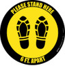 Please Stand Here 6 Ft. Apart Shoe Prints Yellow Black Border Circular - Floor Sign Please Stand Here 6 Ft. Apart Shoe Prints Yellow Black Border Circular - Floor Sign