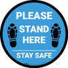 Please Stand Here Stay Safe Shoe Prints Blue Circular - Floor Sign