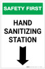 Safety First: Hand Sanitizing Station Below with Arrow Portrait - Label