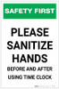 Safety First: Sanitize Hands Before & After Using Time Clock Portrait - Label