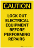 Caution: Lock Out Electrical Equipment Before Repairs Portrait - Label