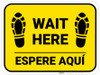Wait Here Espere Aqui Shoe Prints Bilingual Yellow Rectangle - Floor Sign Wait Here Espere Aqui Shoe Prints Bilingual Yellow Rectangle - Floor Sign