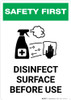Safety First: Disinfect Surface Before Use with Icon Portrait - Wall Sign Safety First: Disinfect Surface Before Use with Icon Portrait - Wall Sign