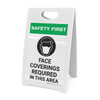 Safety First: Face Coverings Required In This Area with Icon Portrait - A-Frame Sign