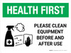 Health First: Please Clean Equipment with Icon Landscape - Wall Sign Health First: Please Clean Equipment with Icon Landscape - Wall Sign