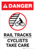 Danger: Rail Tracks - Cyclists Take Care ANSI Portrait - Wall Sign