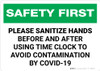 Safety First: Sanitize Hands Before & After Using Time Clock COVID-19 Landscape - Wall Sign Safety First: Sanitize Hands Before & After Using Time Clock COVID-19 Landscape - Wall Sign