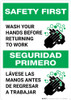 Safety First: Wash Hands Before Returning To Work Bilingual with Icon Portrait - Wall Sign Safety First: Wash Hands Before Returning To Work Bilingual with Icon Portrait - Wall Sign