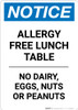 Notice: Allergy Free Lunch Table No Dairy Eggs Nuts or Peanuts - Portrait Wall Sign Notice: Allergy Free Lunch Table No Dairy Eggs Nuts or Peanuts - Portrait Wall Sign