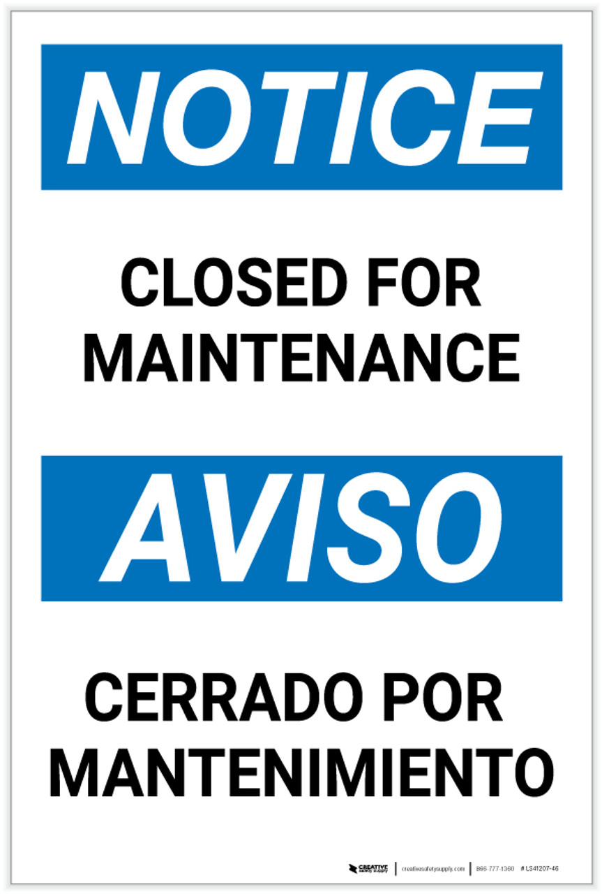 Notice Closed for Maintenance Bilingual Spanish Label