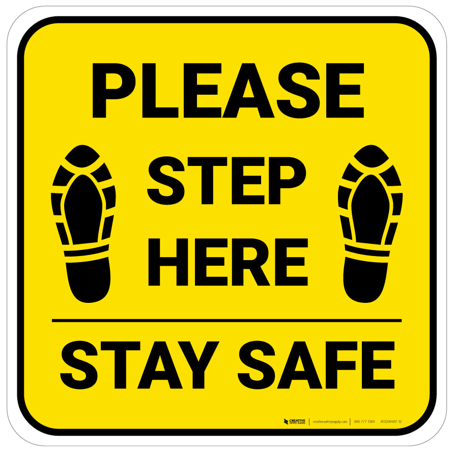 Please Step Here Stay Safe Shoe Prints Yellow Square - Floor Sign | 5S Today