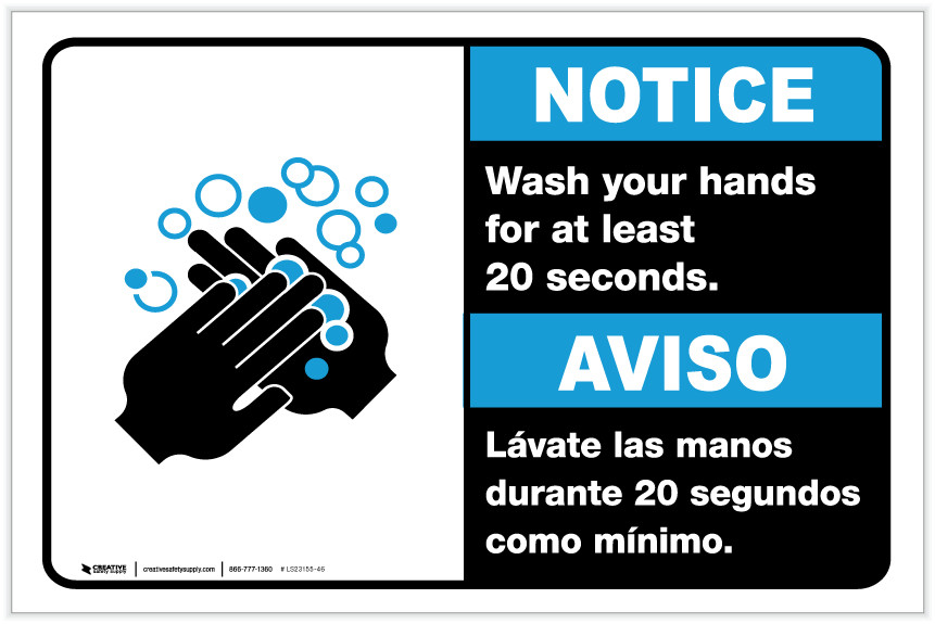 Notice: Wash Your Hands For At Least 20 Seconds Bilingual with Icon ...