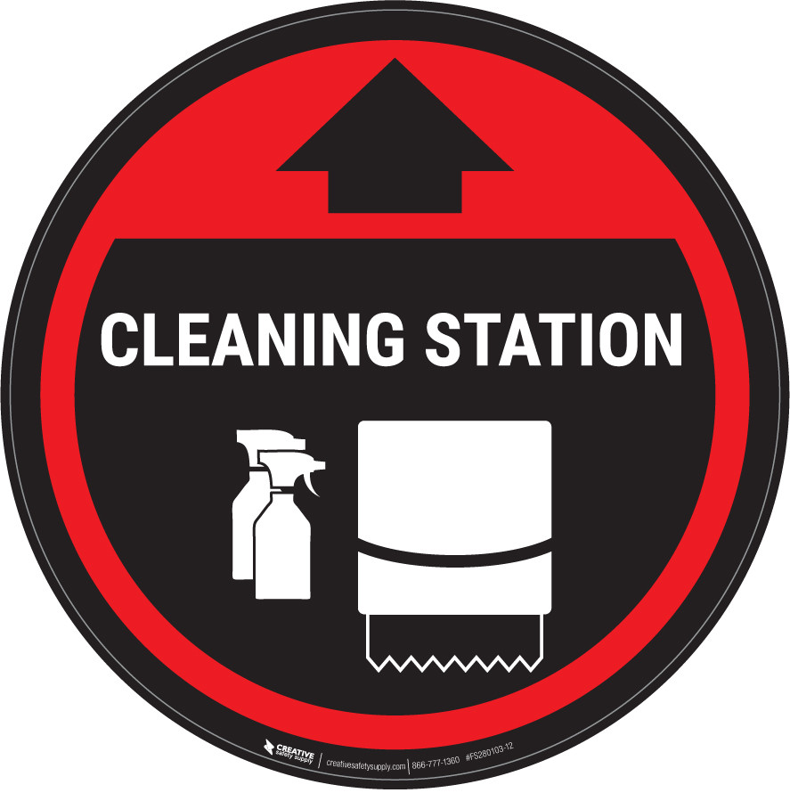 Cleaning Station Arrow With Icon Red - Circular - Floor Sign | 5S Today