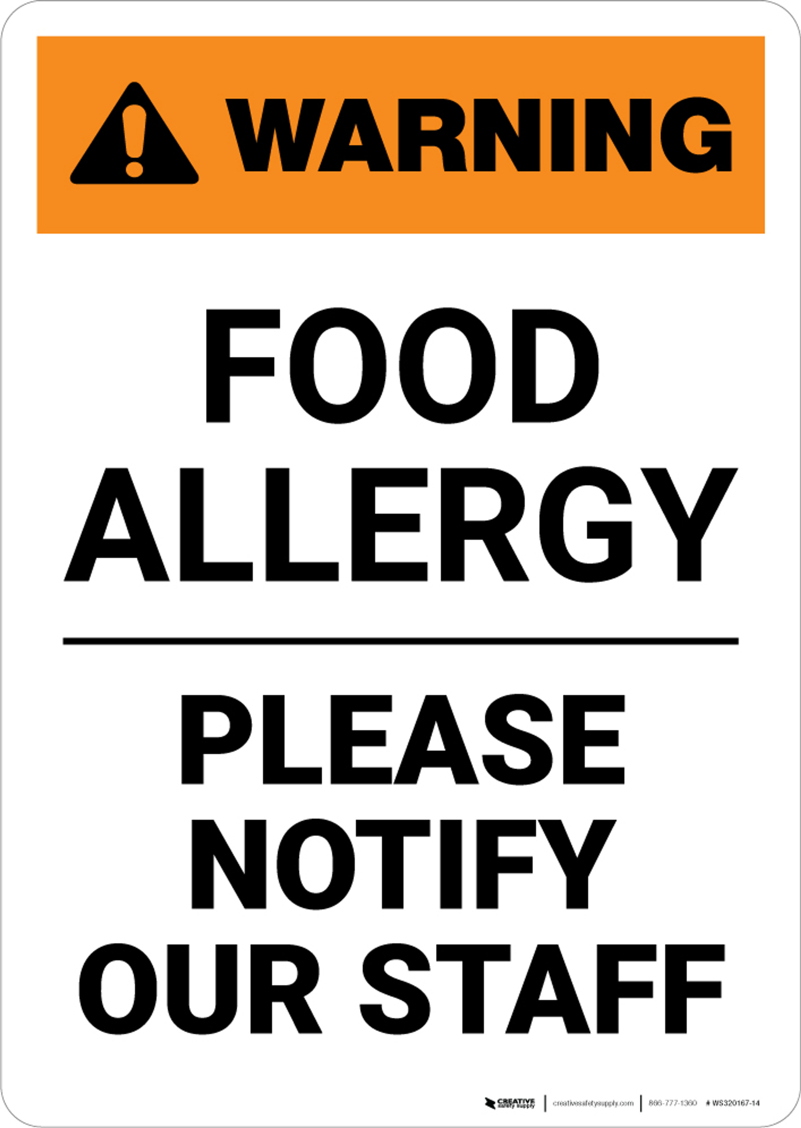 Warning Food Allergy Please Notify Our Staff Portrait Wall Sign Warning Food Allergy Please Notify Our Staff Portrait Wall Sign