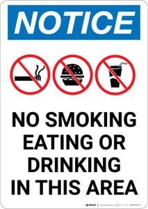 Notice: No Smoking Eating Or Drinking In This Area with Icons - Portrait Wall Sign