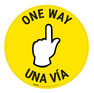 One Way - Pointing Hand - Yellow - Bilingual - Floor Sign