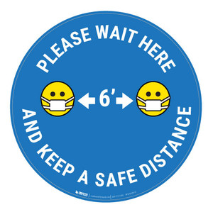 Please Wait Here Keep a Safe Distance with Facemask Emoji - Blue - Floor Sign