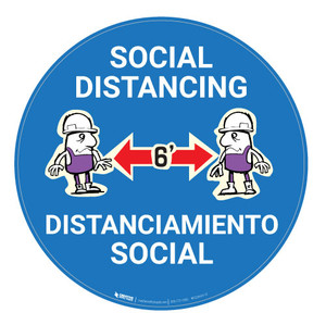 Socal Distancing with Cartoon Bilingual - Blue - Floor Sign