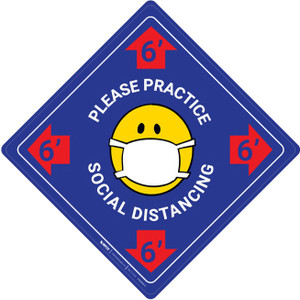 Please Practice Social Distancing with Facemask Emoji - Blue - Floor Sign