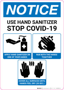 Notice: Use Hand Sanitizer with 3-Step Icon Instructions Portrait - Wall Sign