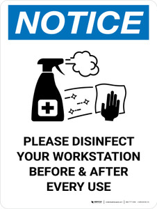 Notice: Please Disinfect Your Workstation with Icon Portrait - Wall Sign