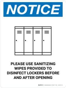 Notice Please Use Sanitizing Wipes To Disinfect Lockers with Icon Portrait - Wall Sign