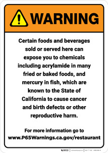 Warning: Food And Non Alcoholic Beverage Prop 65 - Wall Sign