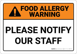 Warning: Food Allergy Please Notify Our Staff - Wall Sign
