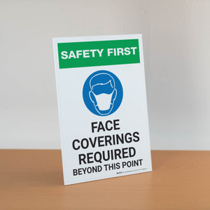 Safety First: Face Coverings Required Beyond This Point with Icon Portrait - Desktop Sign