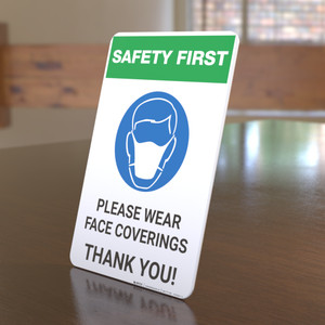 Safety First: Please Wear Face Coverings with Icon Portrait - Desktop Sign
