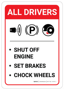 All Drivers: Shut Off Engine Set Brakes Chock Wheels Portrait with Icon - Wall Sign