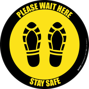 Please Wait Here Stay Safe Shoe Prints Black Border Circular - Floor Sign