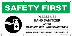 Safety First: Please Use Hand Sanitizer Carrying Out Unhygienic Tasks with Icon - Banner