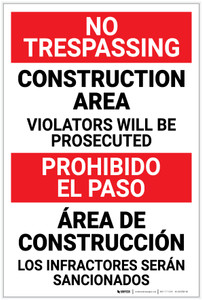 Danger: Construction Area - Violators Will be Prosecuted Bilingual - Label