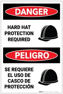 Danger: Hard Hat Protection Required with Icon Bilingual - Label