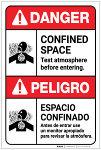 Danger: Confined Space Test Atmosphere ANSI Bilingual Spanish - Label