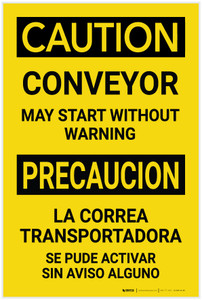 Caution: Conveyor May Start Without Warning Bilingual Spanish - Label
