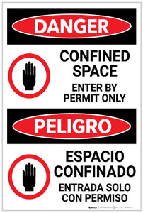Danger: Confined Space Enter by Permit with Graphic Bilingual Spanish - Label