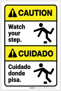 Caution: Watch Your Step With Graphic Bilingual Spanish - Label